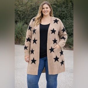 ChicSoul Women’s Plus 2XL Tan Black Star Open Front Knit Cardigan Duster